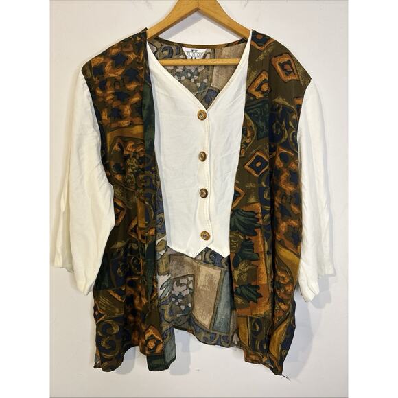 Vintage 80s/90s STUDIO Abstract Print Blouse/Vest Combo White Sleeves Size XL - Picture 1 of 8